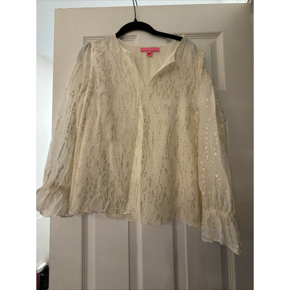 Lilly Pulitzer Miriam Silk Top Coconut Fish Clip Chiffon Gold Blouse Ivory Small